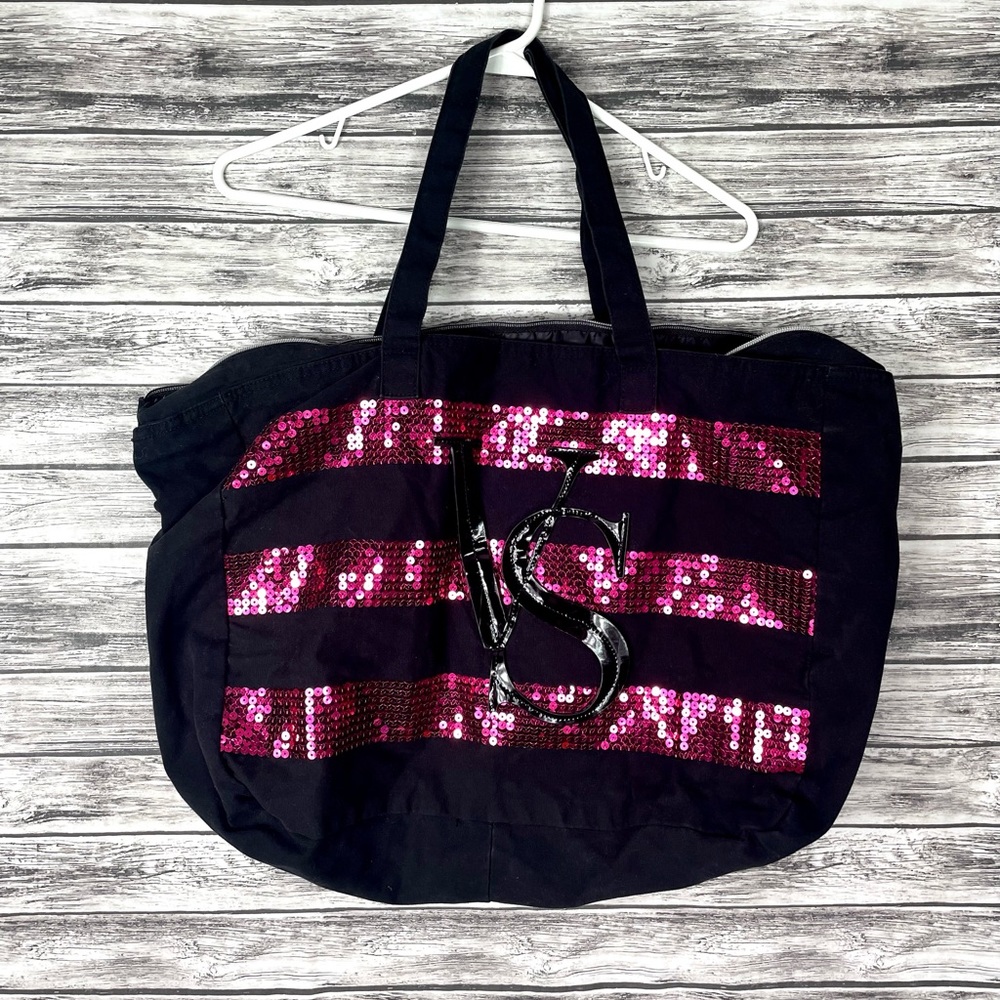 Large Victoria's Secret Black W/Pink Sequin Tote